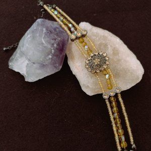 Caramel Bead Faux Diamond Rhinestone Silver Metal Bracelet